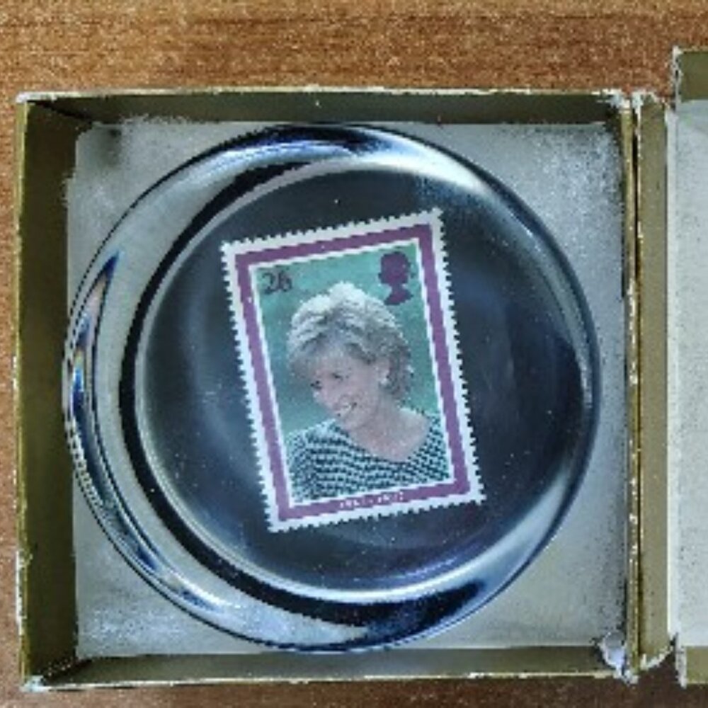 Lady Diana Glass Paperweight Boxed Genuine British Postage Stamp